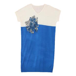 阁兰秀2025夏新款提花针织连衣裙蓝白撞色短袖V领宽松中长裙