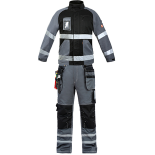 Bauskydd保世基黑灰拼接多兜防护反光条全棉户外汽修工装套装