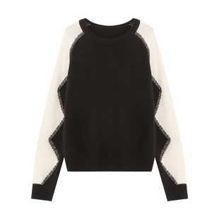 Basic House/百家好圆领撞色波浪拼接毛衣不规则绵羊毛插肩袖上衣