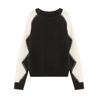 Basic House/百家好圆领撞色波浪拼接毛衣不规则绵羊毛插肩袖上衣