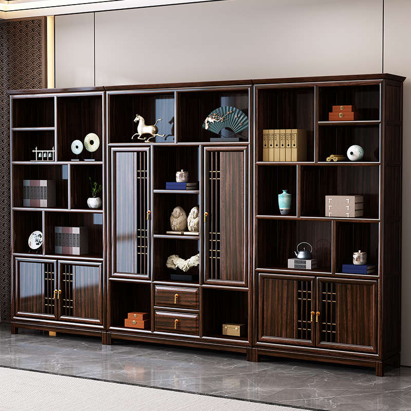 新疆包邮新中式乌金木实木书柜书房家用书架别墅组合风办公室中国