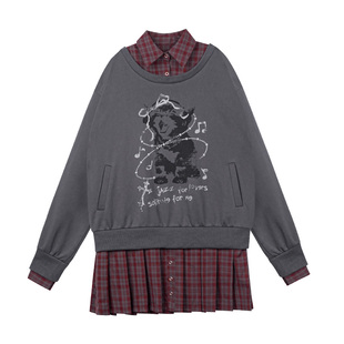 SagiDolls少女斗志 【假两件连衣裙】甜酷摇滚红格卫衣裙松弛感秋