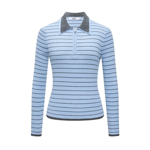 LILY2026春新款羊毛混纺撞色拉链POLO领条纹修身套头针织衫毛衣女