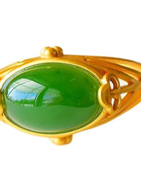 新中式古法金纯银碧玉戒指女