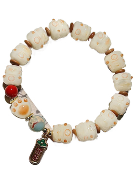 林囍 炭烧猫爪菩提根手链女猫咪奶豆吊福牌菩提根小猫佛珠手串