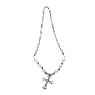 WCH银色十字架满钻吊坠珍珠组合亚文化项链毛衣链ins潮