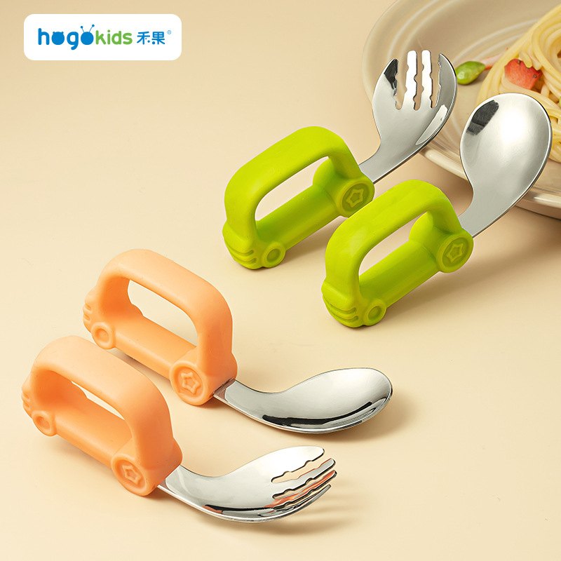 禾果不锈钢汽车叉勺训练勺短柄叉食宝宝辅学一岁套装吃饭硅胶勺子