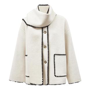 ONLY2025冬季新款撞色贝壳绣边围巾绵羊毛桑蚕丝双面毛呢大衣外套