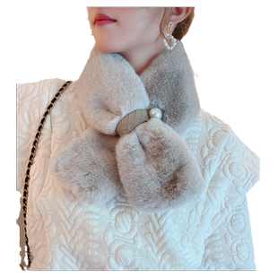 冬季围巾日系珍珠交叉毛绒围巾仿皮草短围脖女学生秋季毛领韩版