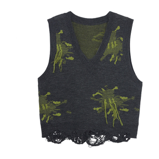 it'real瑞尔冬季新款复古加厚V领毛边镂空针织背心上衣女装