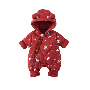 婴儿棉衣洋气红色拜年服女宝宝连体棉服外穿婴幼儿新年衣服喜庆