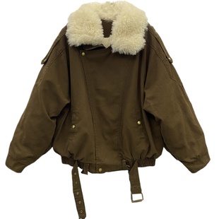 特价新款时尚羊羔毛翻领拼接棉衣外套女宽松羽绒服保暖工装派克服