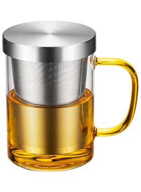 玻璃茶杯女款办公室家用个人茶水分离高朋硅玻璃杯耐热带把带盖