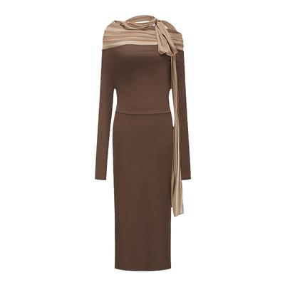 ODTD飘带绑脖一字肩修身连衣裙