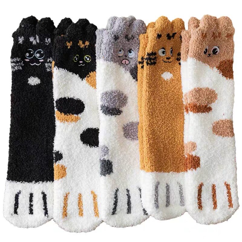 猫爪珊瑚绒袜子加厚毛绒冬居家晚上睡眠长筒袜可爱卡通保暖地板袜