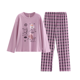 芬腾睡衣女士春秋季纯棉长袖套装可爱女款休闲大码全棉家居服秋天