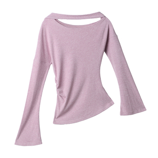 LIMONN温柔氛围感浅紫挂脖露肩喇叭袖上衣女气质针织内搭2026春