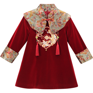 女童汉服连衣裙加绒女孩红色丝绒裙冬装2025新款儿童中国风拜年服