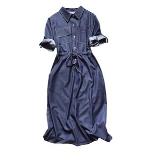 欧洲站2025夏装新款明线设计衬衫牛仔裙女长款薄款天丝牛仔连衣裙