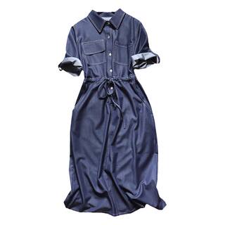 欧洲站2025夏装新款明线设计衬衫牛仔裙女长款薄款天丝牛仔连衣裙