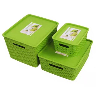 藤编收纳篮带盖收纳筐化妆品塑料玩具储物箱长方形零食杂物收纳盒