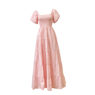 海边度假复古风方领泡泡袖收腰显瘦荷叶边蛋糕连衣裙大摆中长裙女