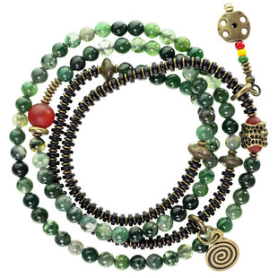 原创复古水草玛瑙圆珠多层手链女混搭铜珠个性手串文艺民族风手饰