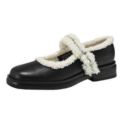 星期六法式低跟黑色玛丽珍鞋毛毛鞋2025春季复古厚底加绒乐福鞋女