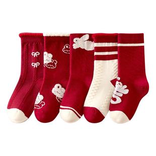 女童袜子纯棉本命年红色棉袜女孩马年新年大红袜冬款中筒加厚童袜