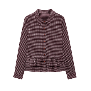 枫竺设计感格纹荷叶边下摆内搭长袖衬衫上衣女26春季休闲短款衬衣