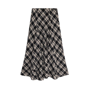 贰羊设计【梵行】设计感复古黑格半身裙女高腰a字裙毛呢棉感长裙