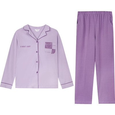 秋鹿针织纯棉休闲家居服女卡通印花对襟长袖长裤秋季情侣睡衣男款