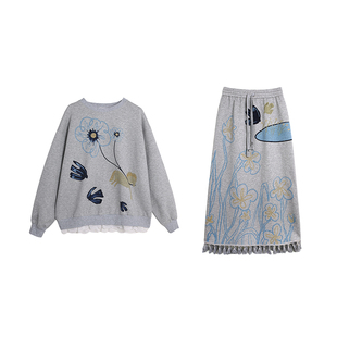 有耳uare原创设计 去有风的地方 手绘小马飞鸟印花卫衣半身裙套装