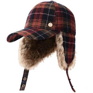 卡蒙冬季羊毛帽时尚格纹针织帽女加绒加厚棒球帽防寒毛绒雷锋帽