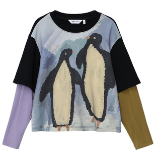 MOVEUP幻走2025秋季新款.FUN系列假两件企鹅印花拼接袖短款卫衣女