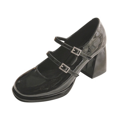 羊皮版~高跟鞋玛丽珍女鞋春季新款水钻方扣黑色漆皮小皮鞋女单鞋