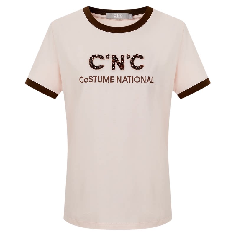 【100%纯棉】CNC女装2026夏季撞色包边贴钻重工休闲圆领短袖T恤女