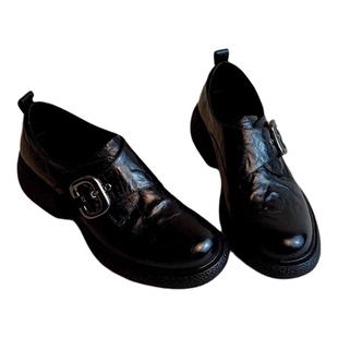 英伦风搭扣乐福鞋女2026秋冬新款黑色圆头加绒厚底通勤小皮鞋单鞋