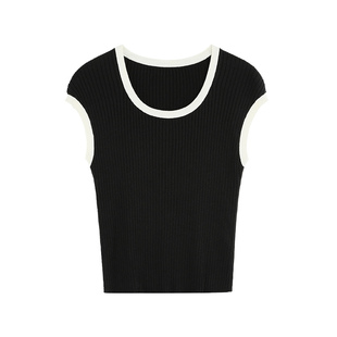 pusumede 撞色U领针织短袖T恤女小飞袖夏季韩系气质修身短款上衣