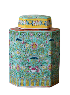 景德镇手绘珐琅彩六角陶瓷储物罐