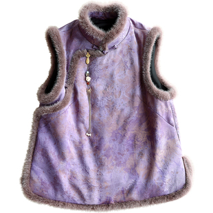 云澍花罗香云纱新中式文艺国风水貂毛立领加棉马甲棉服上衣女冬季