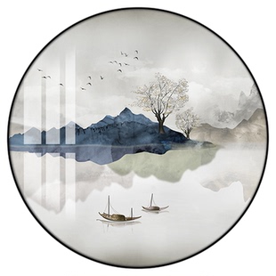 新中式入户玄关装饰画灯画圆形山水画客厅风景画走廊过道茶室挂画