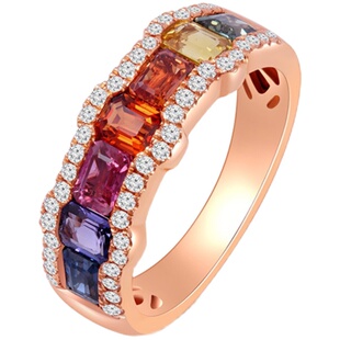 MaBelle/玛贝尔彩虹系列 18K玫瑰金 长方形彩蓝宝拼镶钻石戒指