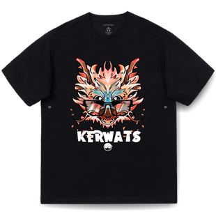 KERWATS龙中国龙图案印花圆领重磅t恤纯棉复古休闲落肩款短袖男