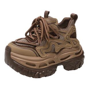 ZFCQ香港厚底内增高老爹鞋女款真皮2026春秋新款超火黑色休闲运动