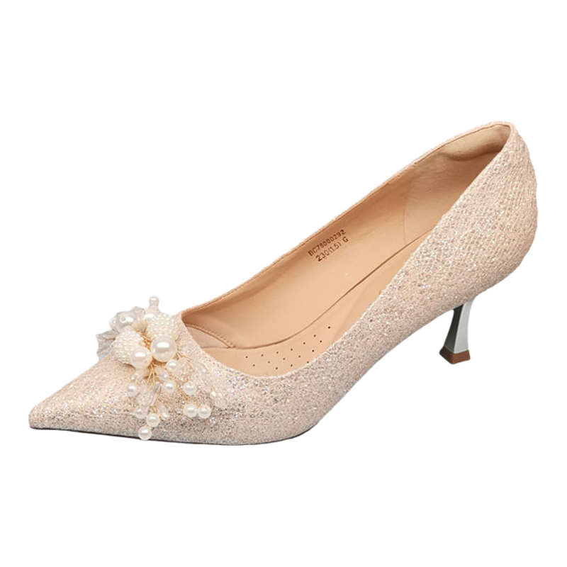 红蜻蜓春季尖头细高跟珍珠婚鞋女