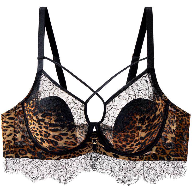 芬腾性感豹纹蕾丝文胸软钢圈舒适交叉带内衣薄款大胸显小聚拢胸罩