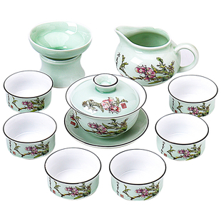 青花瓷青瓷陶瓷茶具套装 家用简约日式茶杯茶壶盖碗 功夫茶具整套