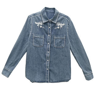 高级设计感重工刺绣牛仔衬衫女长袖翻领宽松显瘦好看漂亮叠穿上衣