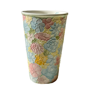景德镇手绘陶瓷可乐杯高颜值主人杯釉下彩立体万花杯闺蜜礼物杯子